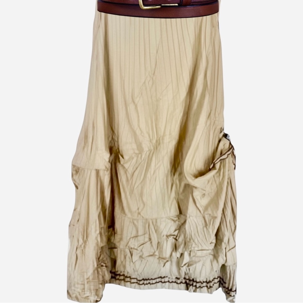 SAGA Pleated Cottagecore Lagenlook Adjustable Drawstring Hem Champagne Skirt - Picture 3 of 16